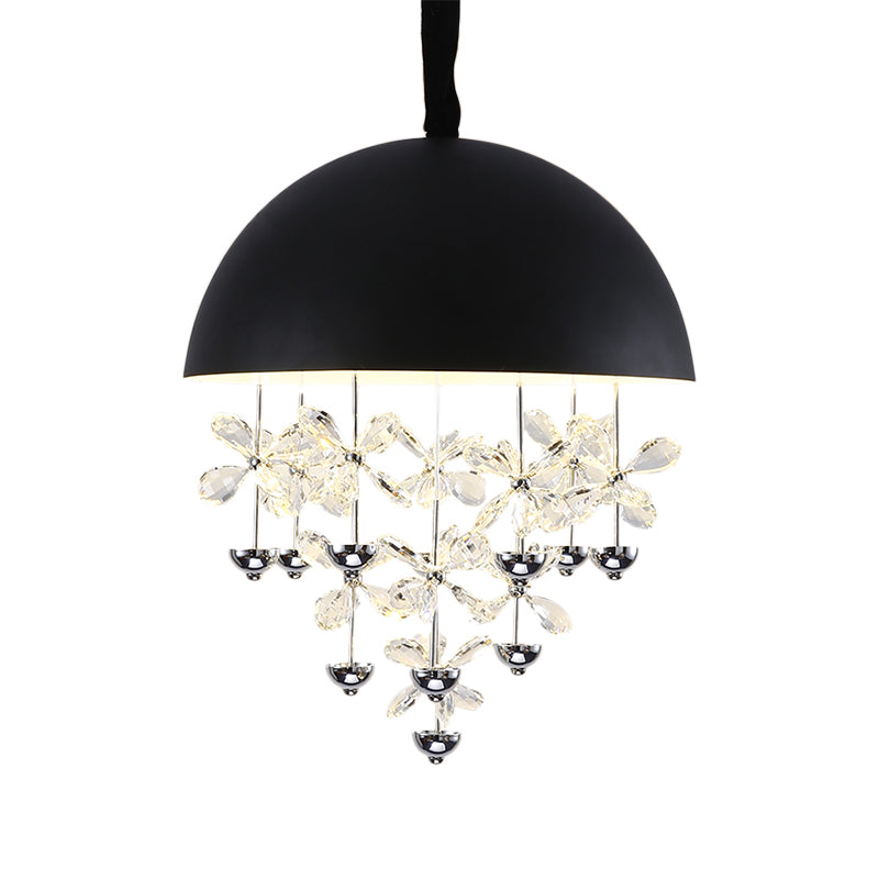 Domed Pendant Light with Crystal Flower Deco - Modern Metal Hanging Ceiling Light (6/10 Lights) in Black/White