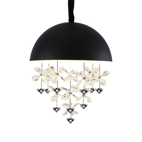 Domed Pendant Light with Crystal Flower Deco - Modern Metal Hanging Ceiling Light (6/10 Lights) in Black/White