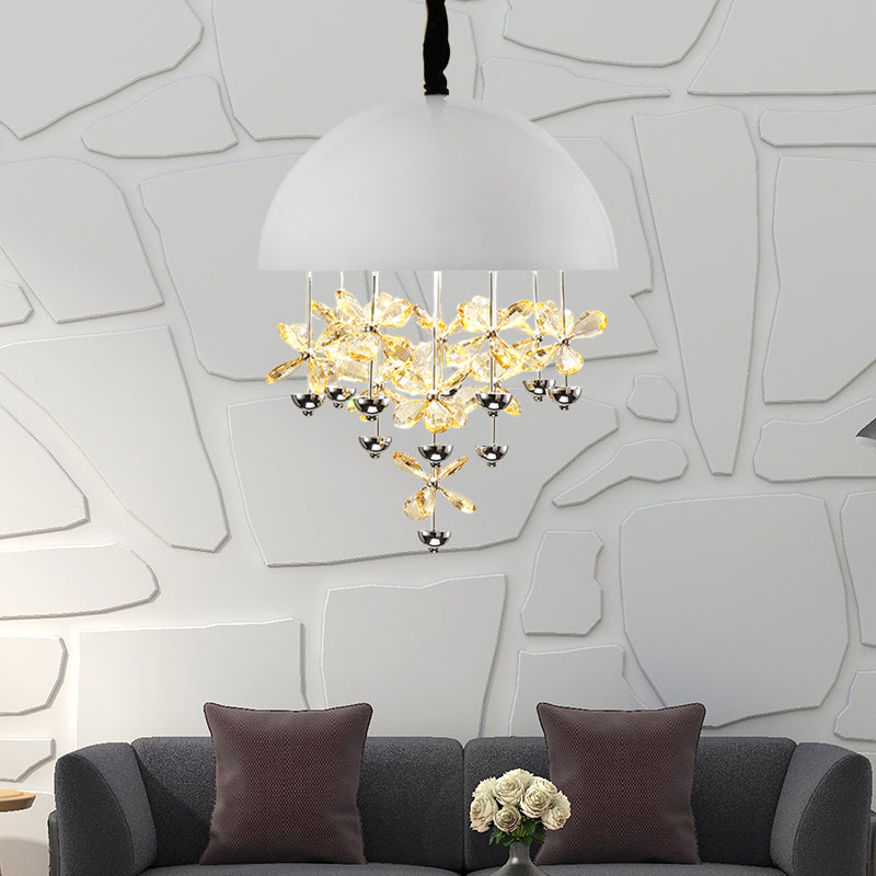 Domed Pendant Light with Crystal Flower Deco - Modern Metal Hanging Ceiling Light (6/10 Lights) in Black/White
