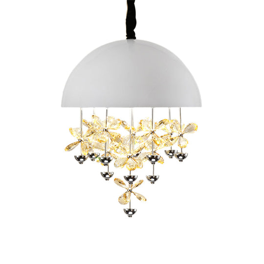 Domed Pendant Light with Crystal Flower Deco - Modern Metal Hanging Ceiling Light (6/10 Lights) in Black/White