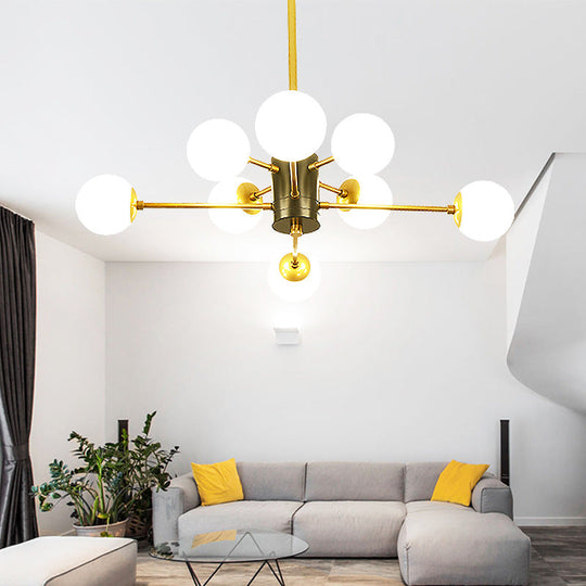 Modernist Milk Glass Chandelier with Burst Design - 6/8/9 Light Hanging Ceiling Lamp in Gold
