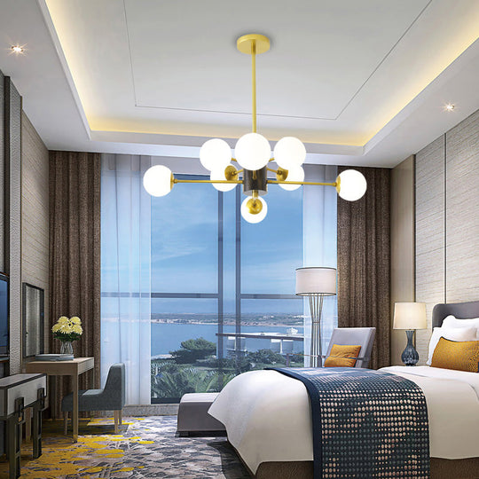 Modernist Milk Glass Chandelier with Burst Design - 6/8/9 Light Hanging Ceiling Lamp in Gold