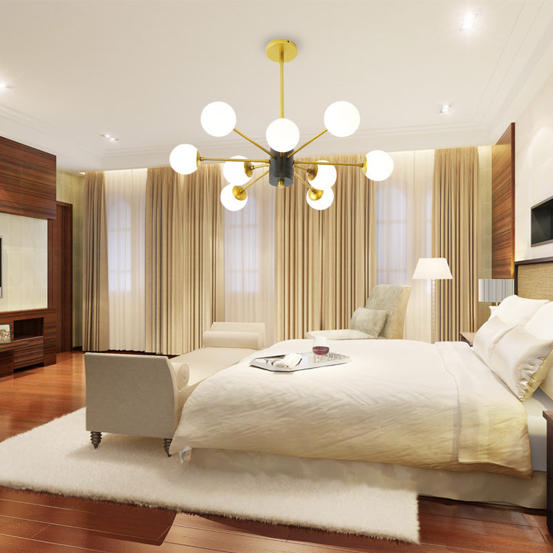 Modernist Milk Glass Chandelier with Burst Design - 6/8/9 Light Hanging Ceiling Lamp in Gold