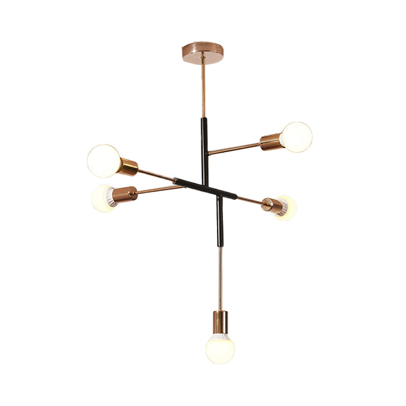 Lustre moderne en métal rectiligne à 5 lumières : plafonnier suspendu à ampoule nue blanc/noir pour salle à manger