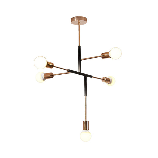 Lustre moderne en métal rectiligne à 5 lumières : plafonnier suspendu à ampoule nue blanc/noir pour salle à manger