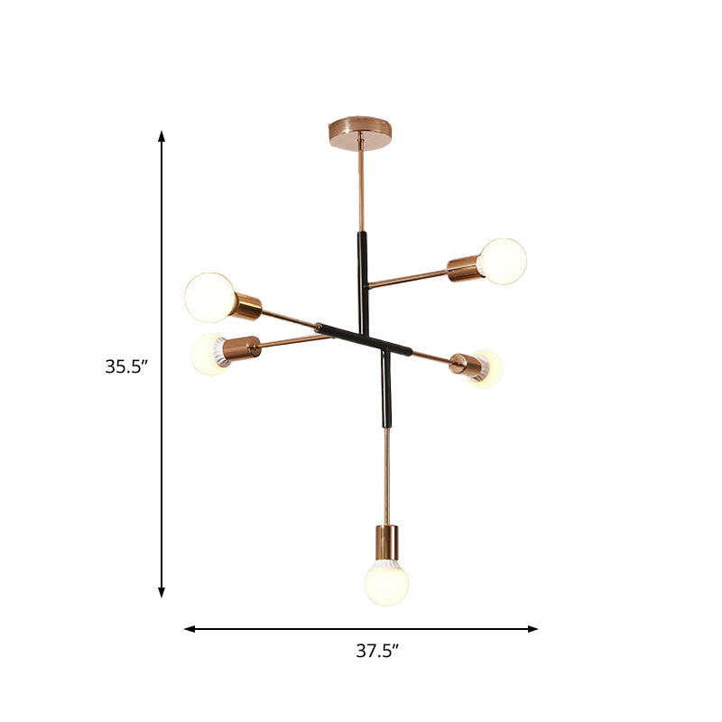 Lustre moderne en métal rectiligne à 5 lumières : plafonnier suspendu à ampoule nue blanc/noir pour salle à manger