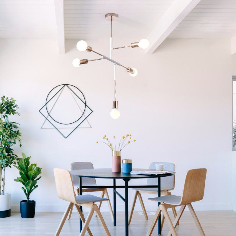 Rectilinear Metal Chandelier - Modern 5-Light White/Black Hanging Ceiling Light With Bare Bulb For