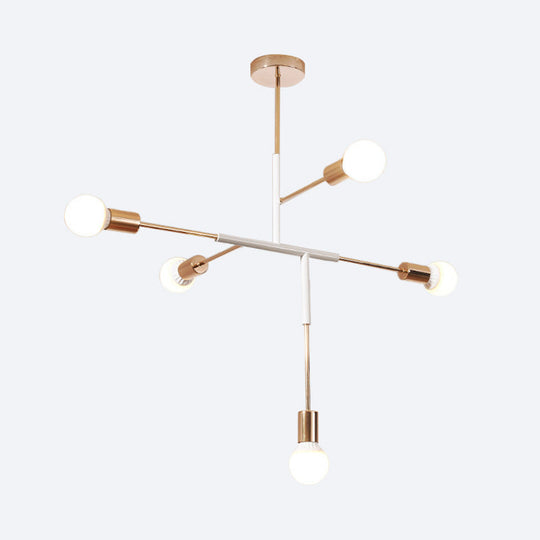 Lustre moderne en métal rectiligne à 5 lumières : plafonnier suspendu à ampoule nue blanc/noir pour salle à manger