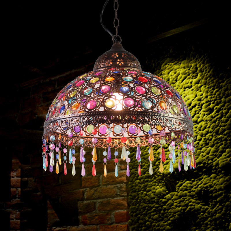 Bohemia Dome Pendant Light - Rustic Aged Brass with Crystal Bead Accent - Ideal for Restaurants