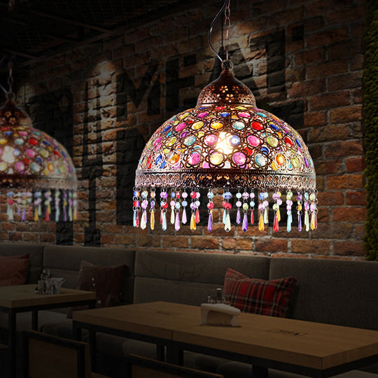 Boho Dome Pendant Light - Metal 1-Bulb Aged Brass/Rust Hanging Lamp With Crystal Bead For