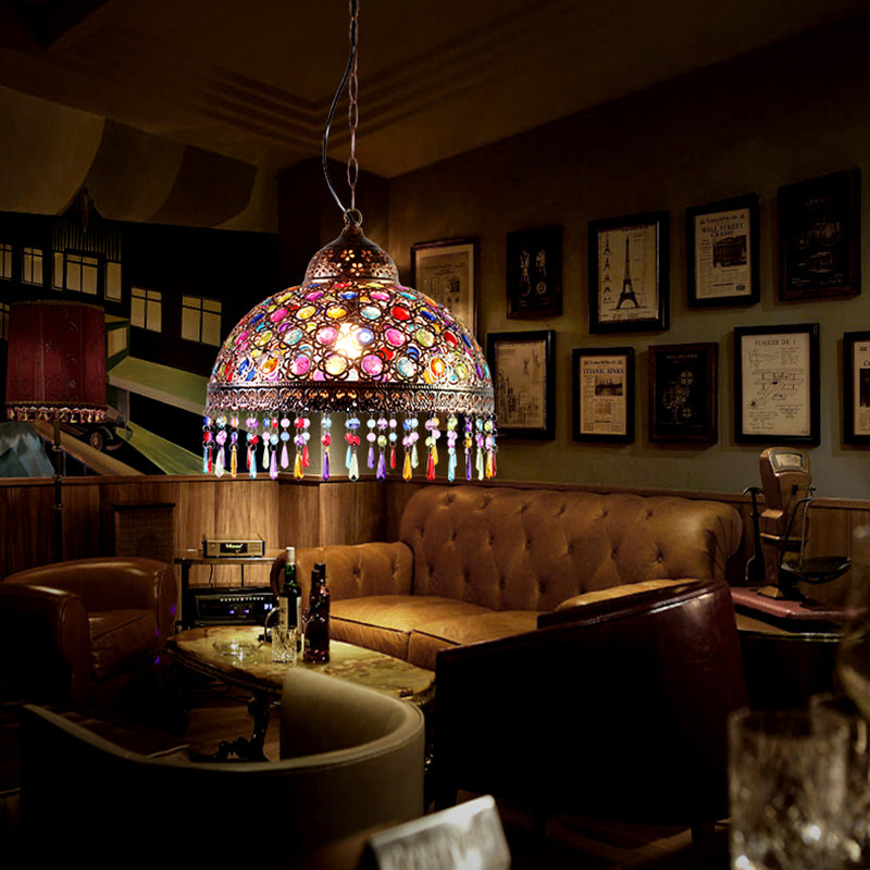 Bohemia Dome Pendant Light - Rustic Aged Brass with Crystal Bead Accent - Ideal for Restaurants