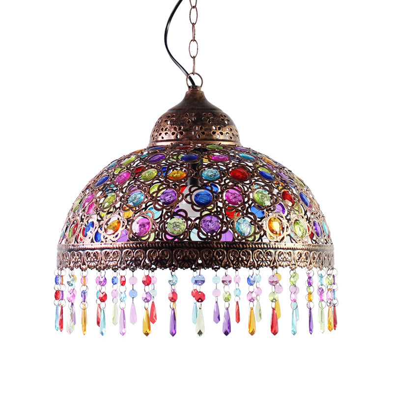 Bohemia Dome Pendant Light - Rustic Aged Brass with Crystal Bead Accent - Ideal for Restaurants
