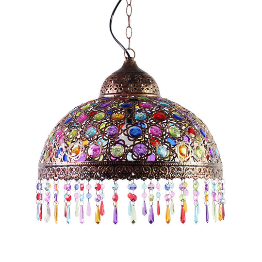Boho Dome Pendant Light - Metal 1-Bulb Aged Brass/Rust Hanging Lamp With Crystal Bead For