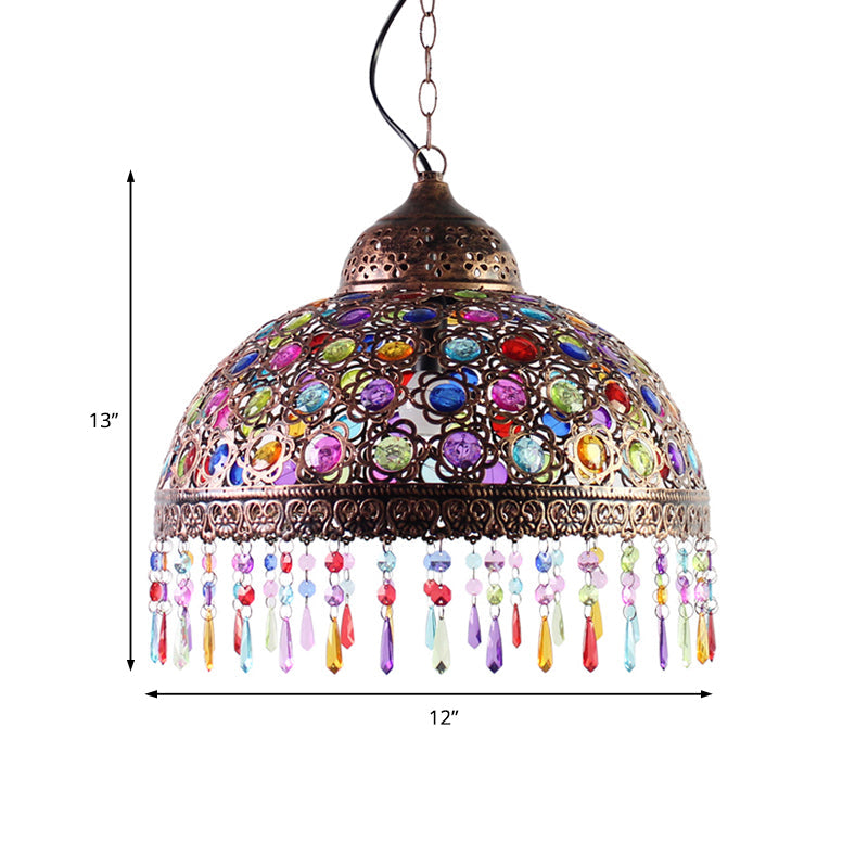 Boho Dome Pendant Light - Metal 1-Bulb Aged Brass/Rust Hanging Lamp With Crystal Bead For