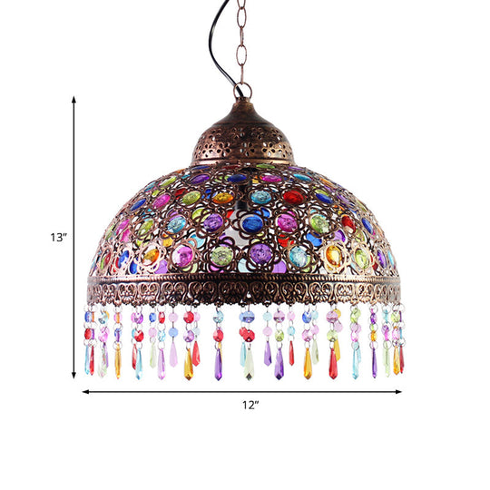 Boho Dome Pendant Light - Metal 1-Bulb Aged Brass/Rust Hanging Lamp With Crystal Bead For
