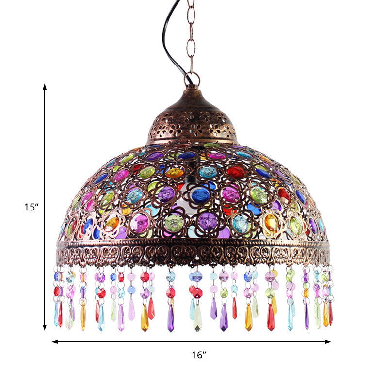 Bohemia Dome Pendant Light - Rustic Aged Brass with Crystal Bead Accent - Ideal for Restaurants