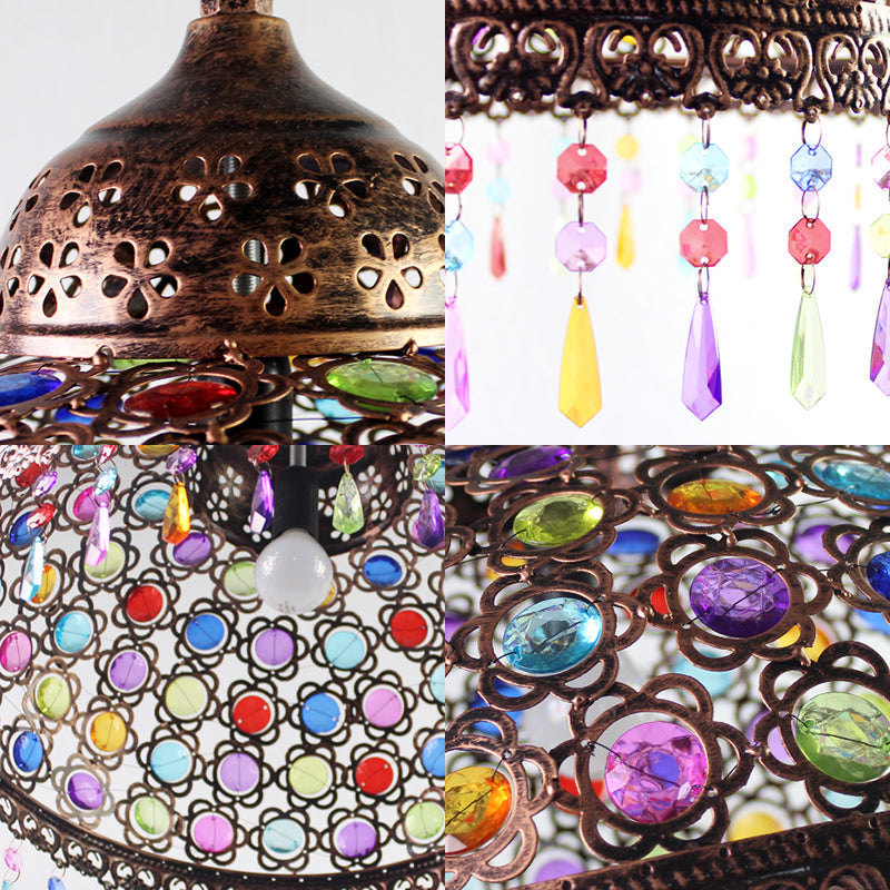 Bohemia Dome Pendant Light - Rustic Aged Brass with Crystal Bead Accent - Ideal for Restaurants