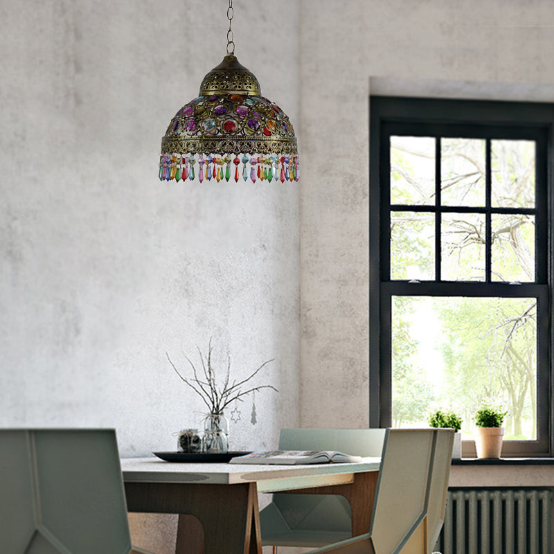 Bohemia Dome Pendant Light - Rustic Aged Brass with Crystal Bead Accent - Ideal for Restaurants
