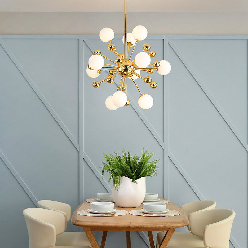 Gold Starburst Chandelier with White Glass Ball Shades - Designer Multi-Light Pendant Lamp - Various Width Options: 23.5", 31.5", 39