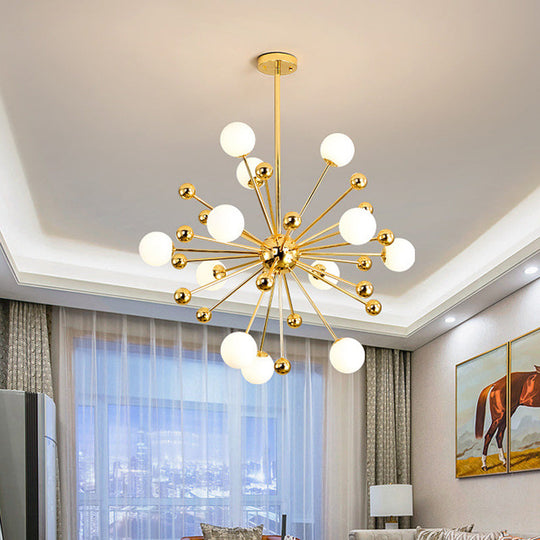 Gold Starburst Metal Chandelier Pendant Lamp With Multi Lights And White Glass Ball Shade -