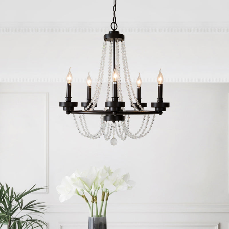 Modern Candle Chandelier - Metal Pendant Lamp with Crystal Beaded Strand (5/6 Lights) in Black