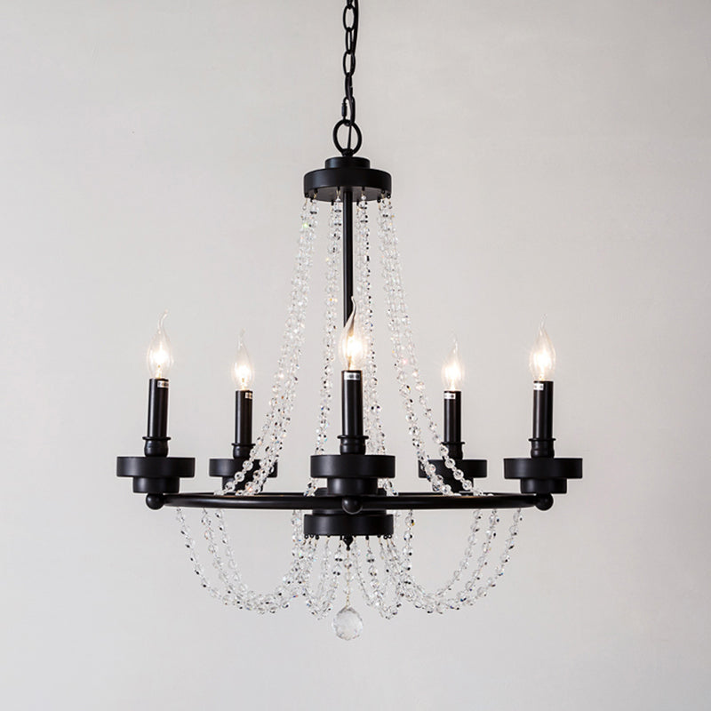 Modern Candle Chandelier - Metal Pendant Lamp with Crystal Beaded Strand (5/6 Lights) in Black