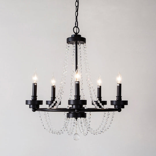 Modern Candle Chandelier - Metal Pendant Lamp with Crystal Beaded Strand (5/6 Lights) in Black