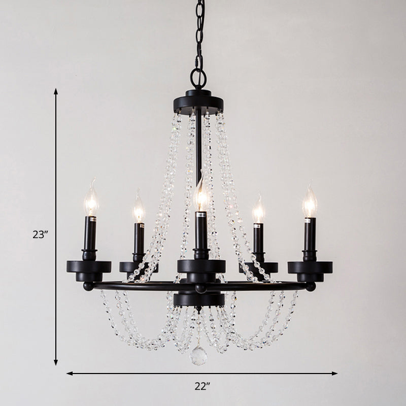 Modern Candle Chandelier - Metal Pendant Lamp with Crystal Beaded Strand (5/6 Lights) in Black