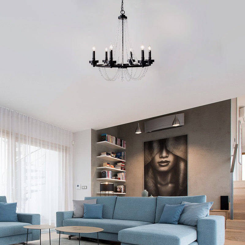 Modern Candle Chandelier - Metal Pendant Lamp with Crystal Beaded Strand (5/6 Lights) in Black
