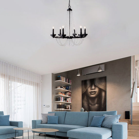 Modern Candle Chandelier - Metal Pendant Lamp with Crystal Beaded Strand (5/6 Lights) in Black