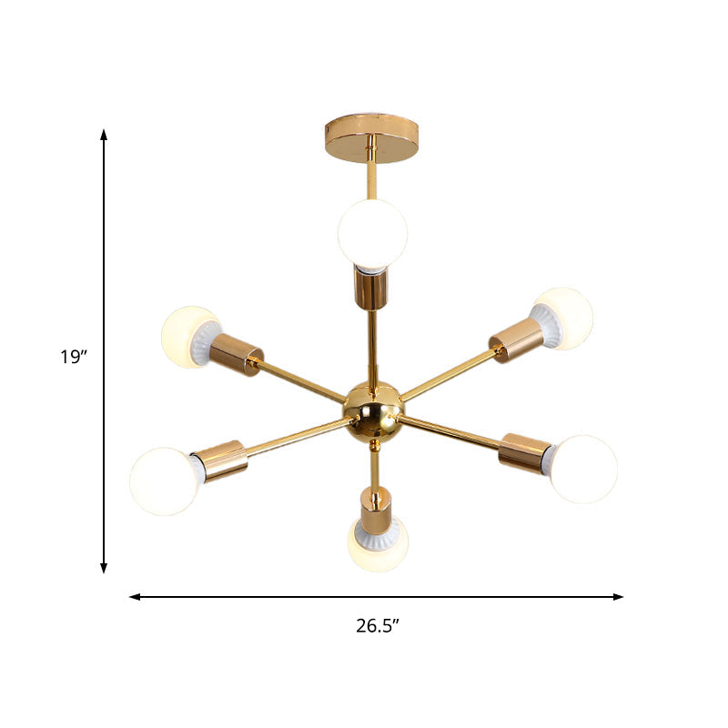 Modernist Metal Starburst Chandelier Light - 26"/38.5" Wide, Gold, 6/10/12 Lights - Hanging Ceiling Lamp with Bare Bulbs