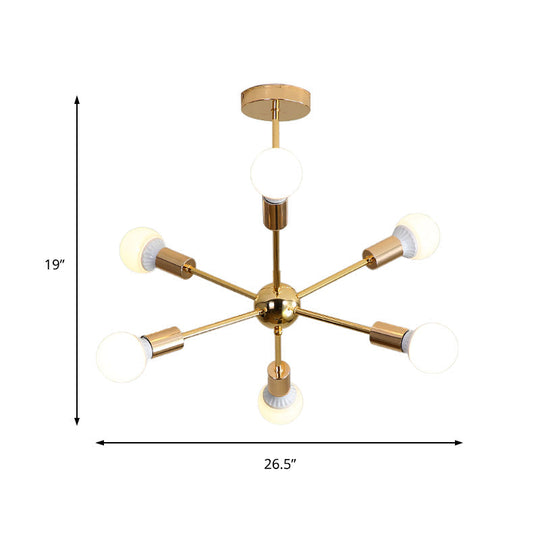 Modernist Metal Starburst Chandelier Light - 26"/38.5" Wide, Gold, 6/10/12 Lights - Hanging Ceiling Lamp with Bare Bulbs