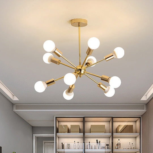 Modernist Metal Starburst Chandelier Light - 26"/38.5" Wide, Gold, 6/10/12 Lights - Hanging Ceiling Lamp with Bare Bulbs