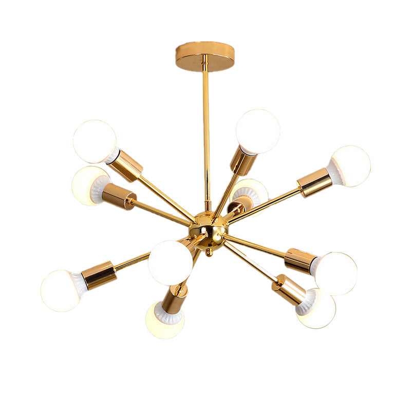 Modernist Metal Starburst Chandelier Light - 26"/38.5" Wide, Gold, 6/10/12 Lights - Hanging Ceiling Lamp with Bare Bulbs
