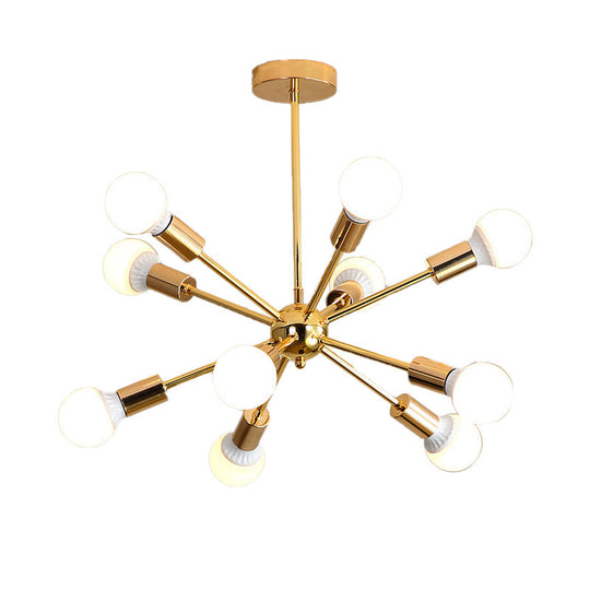 Modernist Metal Starburst Chandelier Light - 26"/38.5" Wide, Gold, 6/10/12 Lights - Hanging Ceiling Lamp with Bare Bulbs