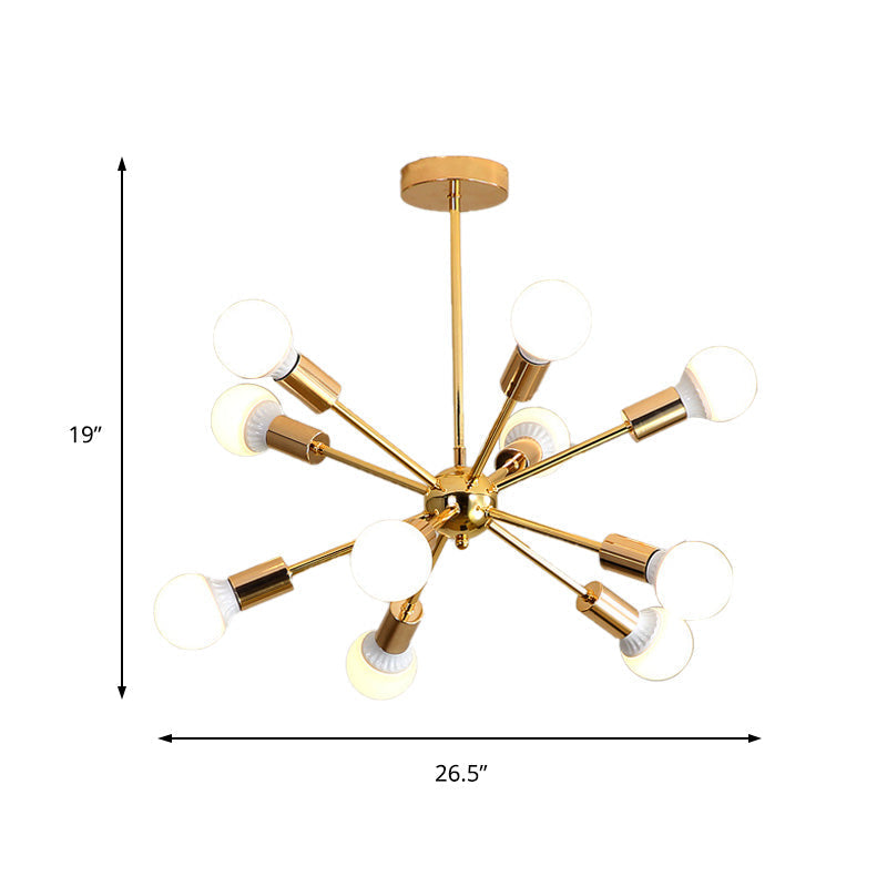 Modernist Metal Starburst Chandelier Light - 26"/38.5" Wide, Gold, 6/10/12 Lights - Hanging Ceiling Lamp with Bare Bulbs