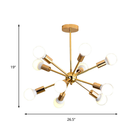 Modernist Metal Starburst Chandelier Light - 26"/38.5" Wide, Gold, 6/10/12 Lights - Hanging Ceiling Lamp with Bare Bulbs