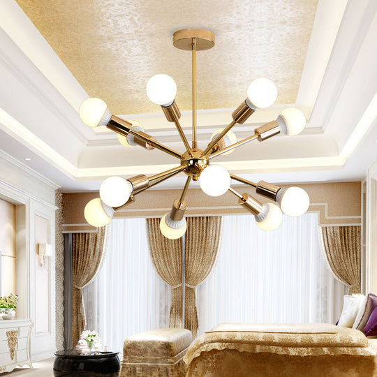 Modernist Metal Starburst Chandelier Light - 26"/38.5" Wide, Gold, 6/10/12 Lights - Hanging Ceiling Lamp with Bare Bulbs
