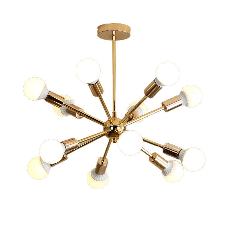 Modernist Metal Starburst Chandelier Light - 26"/38.5" Wide, Gold, 6/10/12 Lights - Hanging Ceiling Lamp with Bare Bulbs