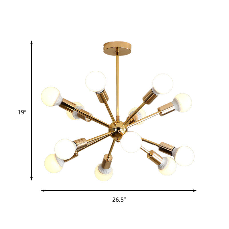 Modernist Metal Starburst Chandelier Light - 26"/38.5" Wide, Gold, 6/10/12 Lights - Hanging Ceiling Lamp with Bare Bulbs