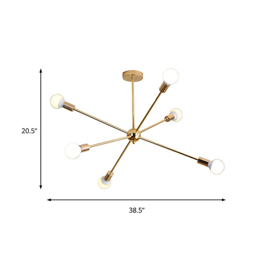 Modernist Metal Starburst Chandelier Light - 26"/38.5" Wide, Gold, 6/10/12 Lights - Hanging Ceiling Lamp with Bare Bulbs
