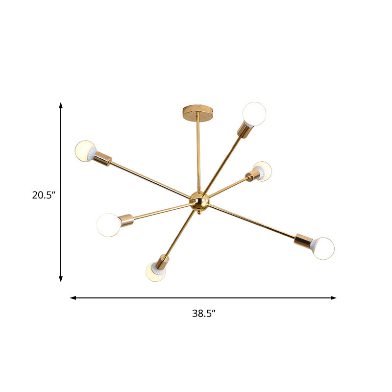Modern Metal Starburst Chandelier Light - 6/10/12 Lights 26/38.5 Wide Gold Finish Bare Bulb Hanging