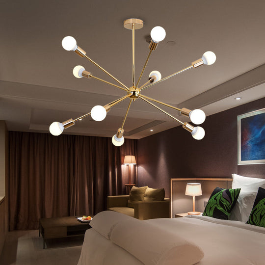 Modern Metal Starburst Chandelier Light - 6/10/12 Lights 26/38.5 Wide Gold Finish Bare Bulb Hanging