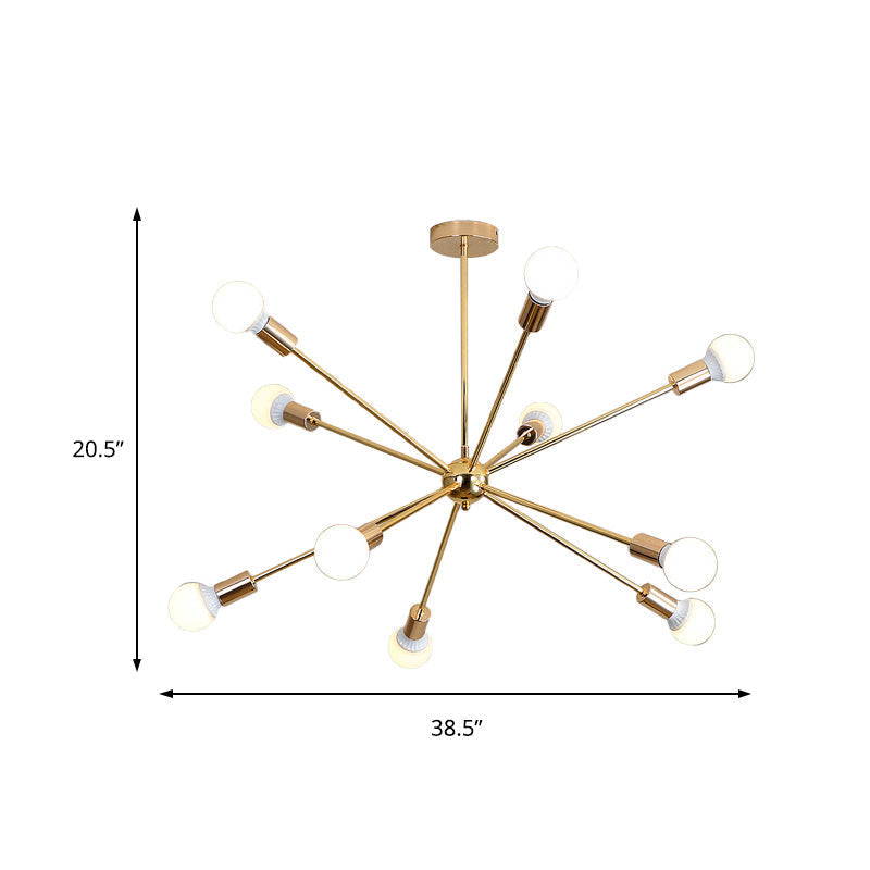 Modernist Metal Starburst Chandelier Light - 26"/38.5" Wide, Gold, 6/10/12 Lights - Hanging Ceiling Lamp with Bare Bulbs