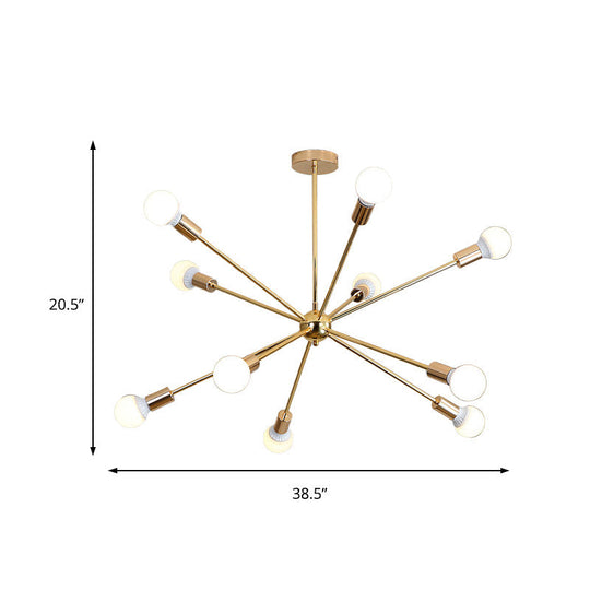 Modernist Metal Starburst Chandelier Light - 26"/38.5" Wide, Gold, 6/10/12 Lights - Hanging Ceiling Lamp with Bare Bulbs