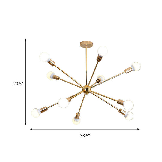 Modern Metal Starburst Chandelier Light - 6/10/12 Lights 26/38.5 Wide Gold Finish Bare Bulb Hanging