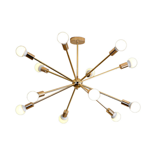 Modernist Metal Starburst Chandelier Light - 26"/38.5" Wide, Gold, 6/10/12 Lights - Hanging Ceiling Lamp with Bare Bulbs