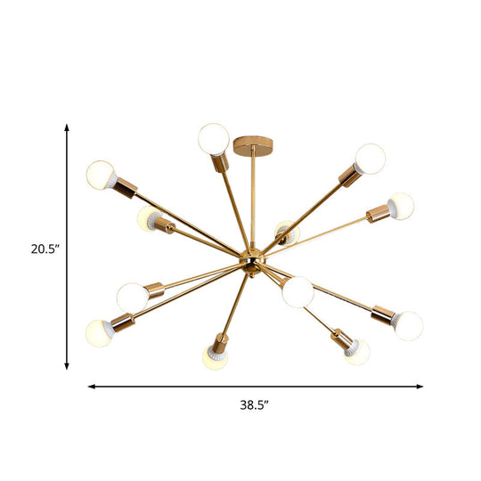 Modernist Metal Starburst Chandelier Light - 26"/38.5" Wide, Gold, 6/10/12 Lights - Hanging Ceiling Lamp with Bare Bulbs