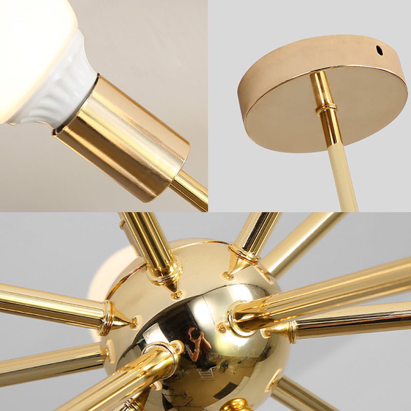 Modernist Metal Starburst Chandelier Light - 26"/38.5" Wide, Gold, 6/10/12 Lights - Hanging Ceiling Lamp with Bare Bulbs