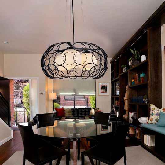 Contemporary White Glass Chandelier with Cage Design - 3-Light Hanging Ceiling Lamp